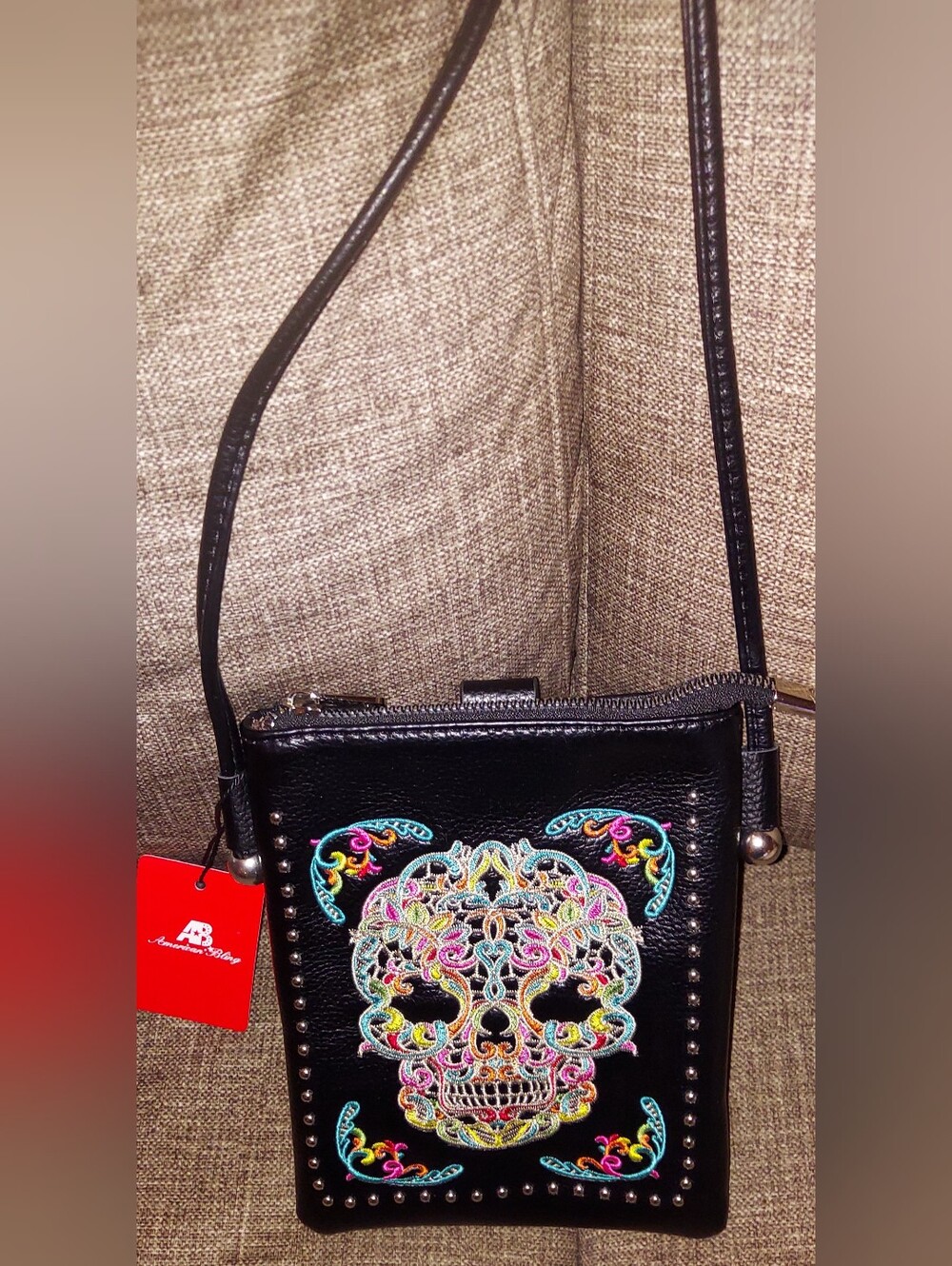 New American Bling Leather Crossbody Bag with Multicolor Embroidered Skull